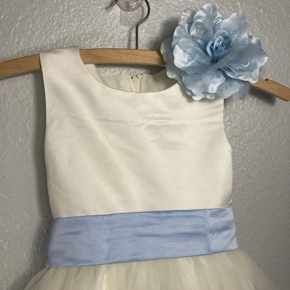 Flower Girl Dress Birthday Pageant 2T Ivory White Baby Blue Pedals Tulle Easter